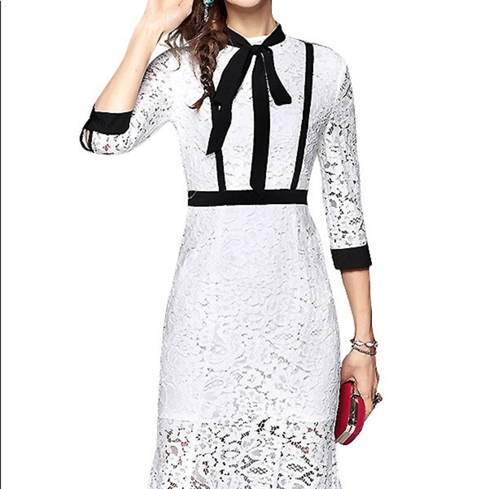 White hollow out fishtail hem lace dress